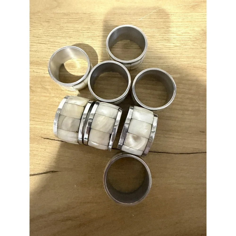 Mother of Pearl Abalone Shell Silver Tone Chrome Napkin Ring Set 6 Pcs Beachy